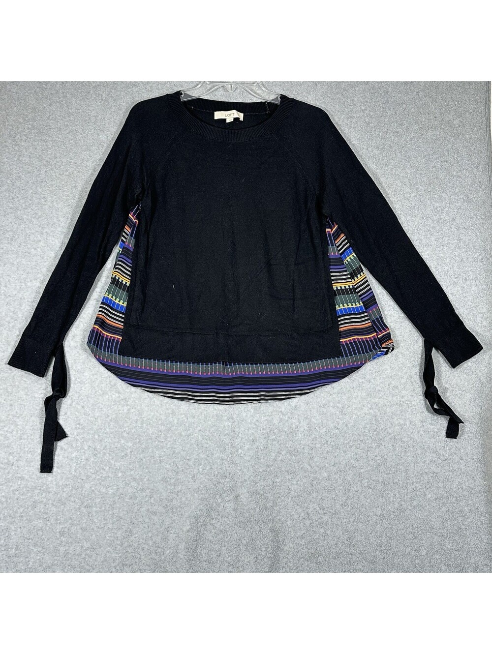 LOFT Women's Small Black Sweater Multi-Colored Striped Back Panel And Tie Cuffs